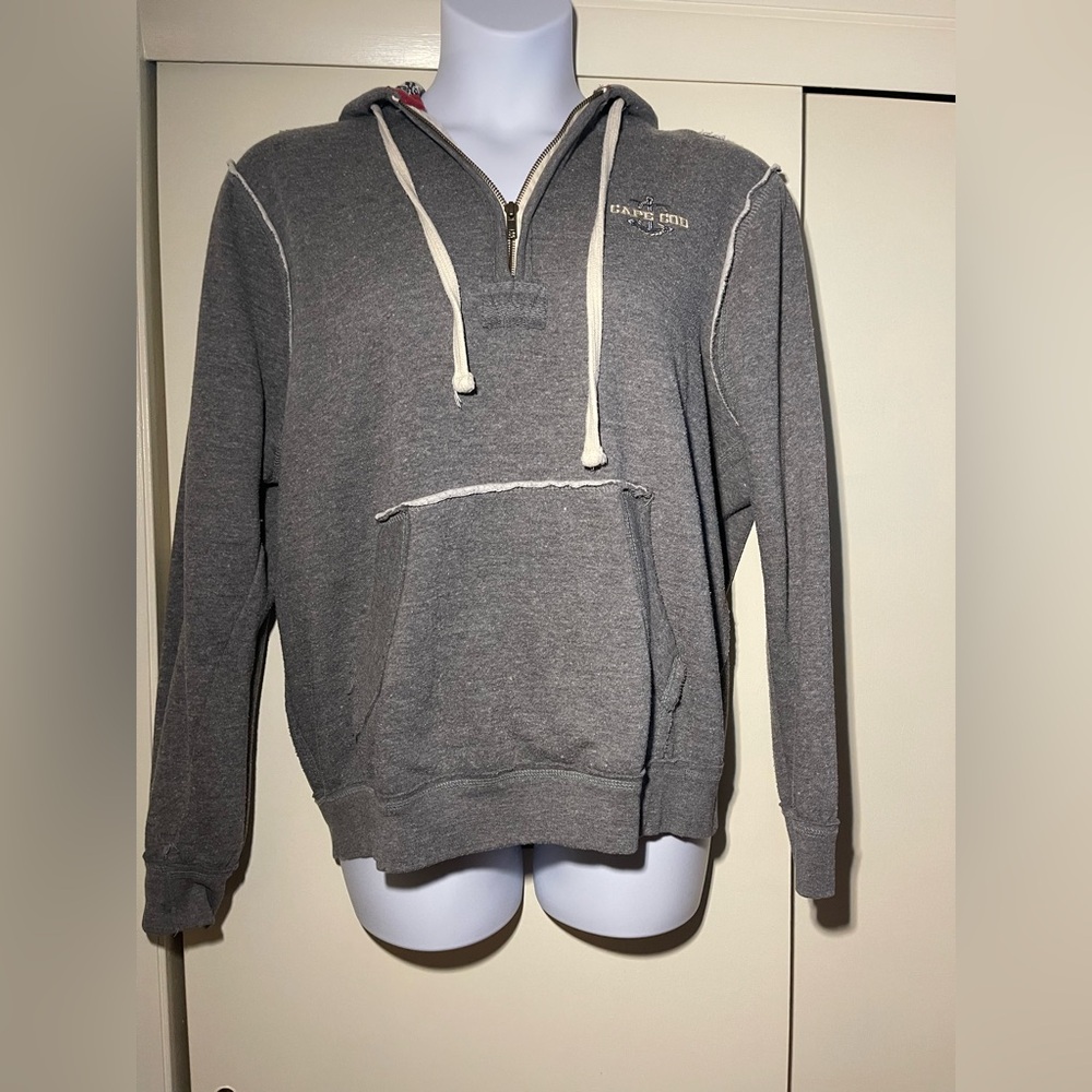 1/4 zip Hoodie cape cod grey size large raw seams, sweater lined hood